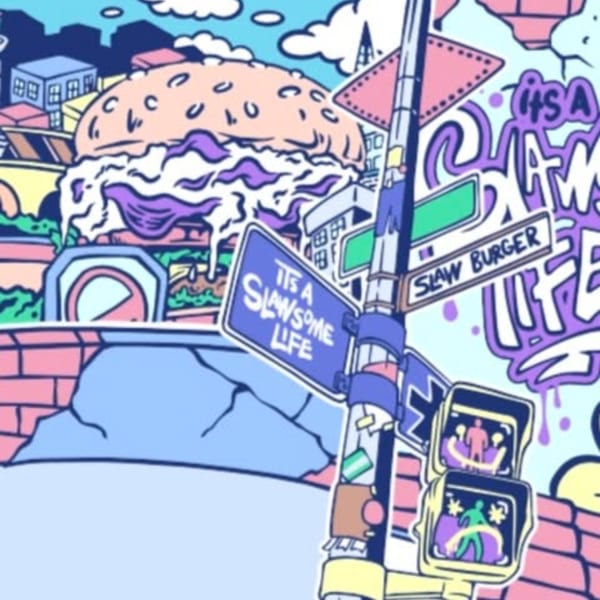 Cartoon cityscape with a giant burger, street signs for "Slaw Burger" and "It's a Slawsome Life".