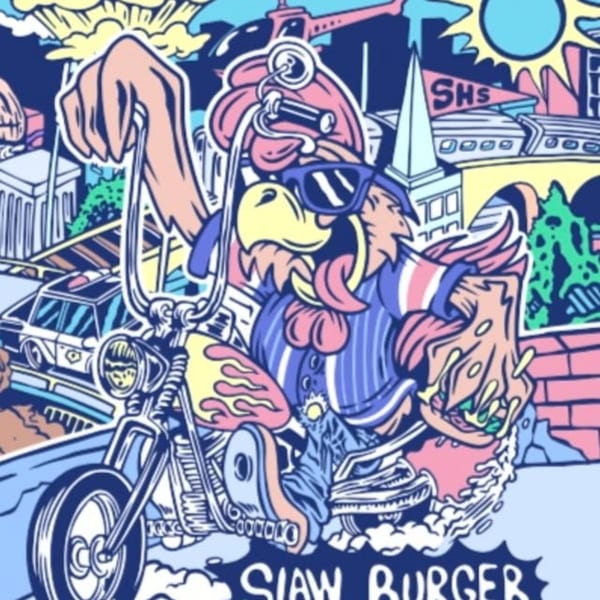 Cartoon chicken in sunglasses riding a motorcycle, holding a Slaw Burger, with a city background.