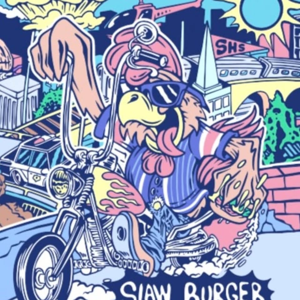 Cartoon chicken in sunglasses riding a motorcycle, holding a Slaw Burger, with a city background.