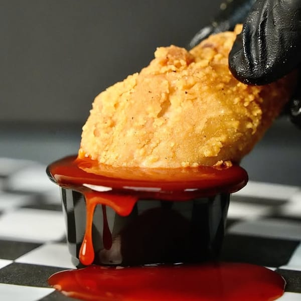 A hand in a black glove dips a crispy fried chicken piece into a small cup of red sauce.